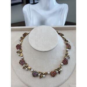 Nina Ricci Gold Plated Necklace with Pearls, Enamel & Crystals - 16-18"